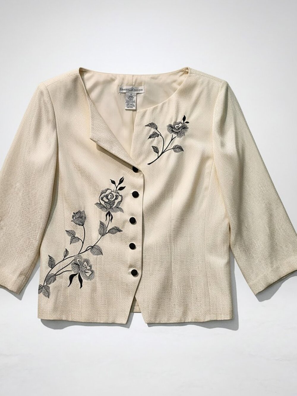 Vintage Cream Open-Front Jacket, Black Floral Embroidery Sz 10
